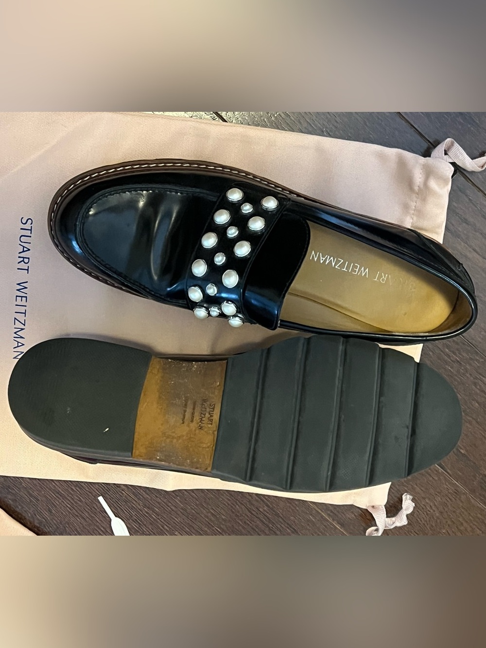 Stuart Weitzman Black Patent Loafers with Pearl Studs